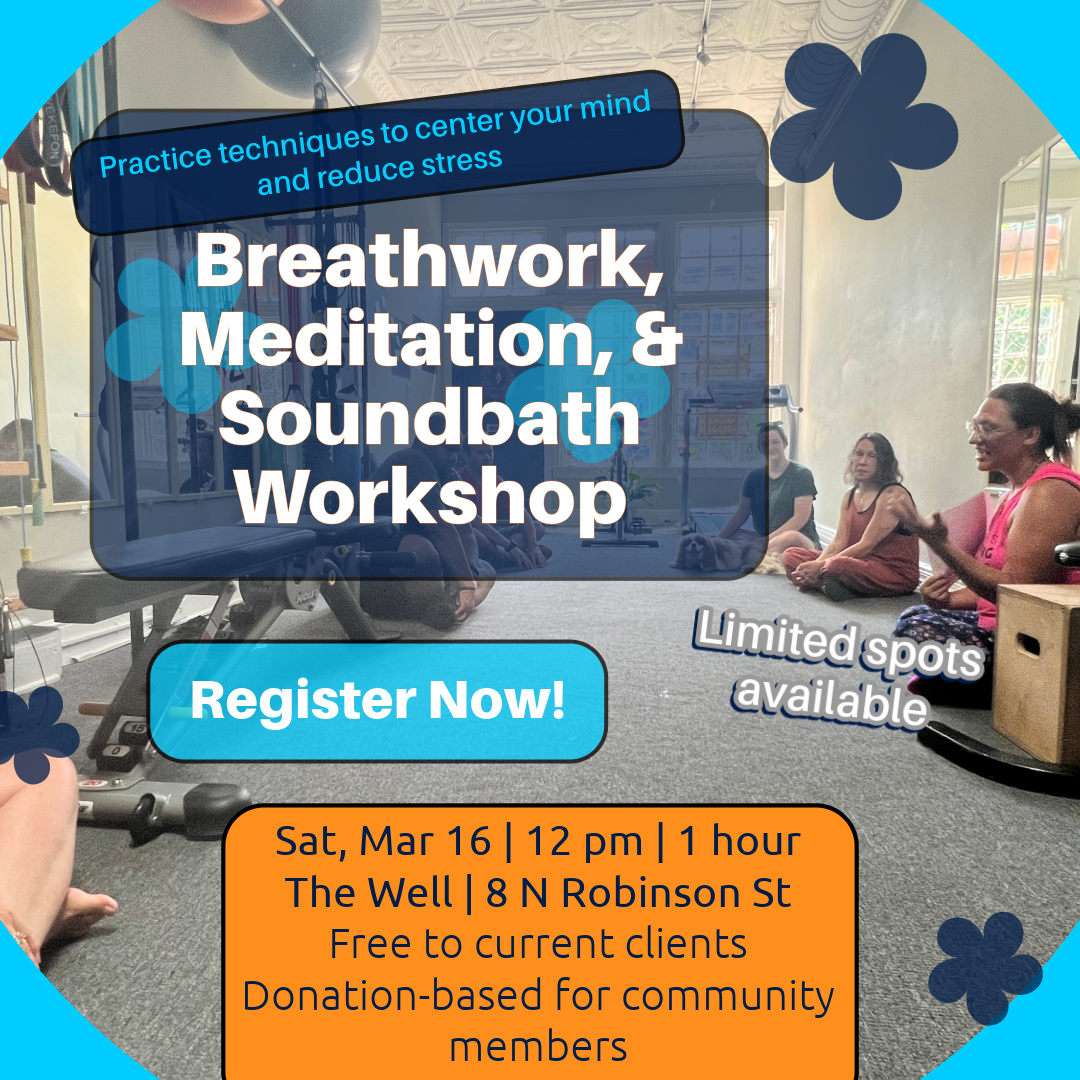 breathwork, meditation, and soundbath flyer
